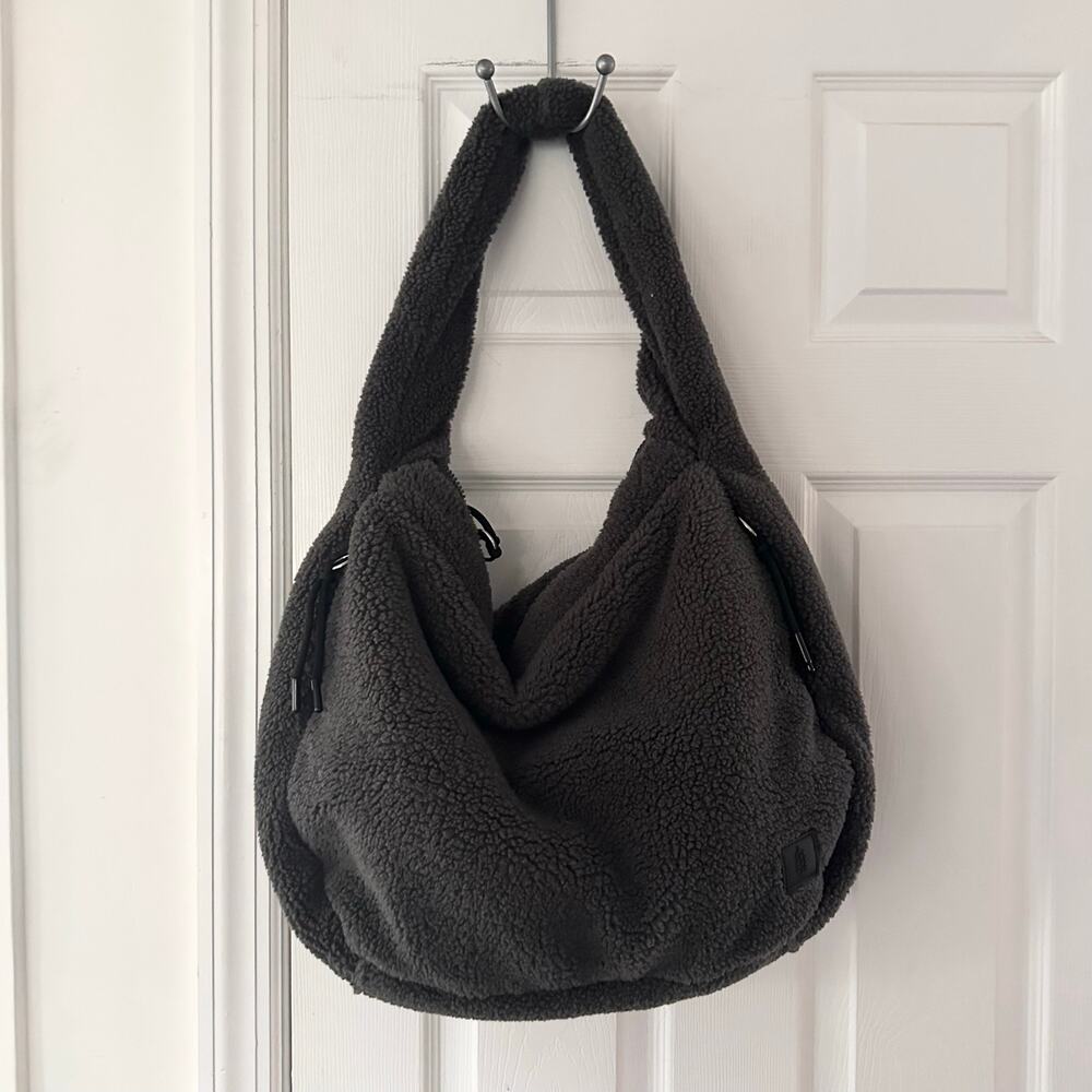 Free People FP Movement Charcoal Grey Cozy Carryall Sherpa Shoulder Hobo Bag